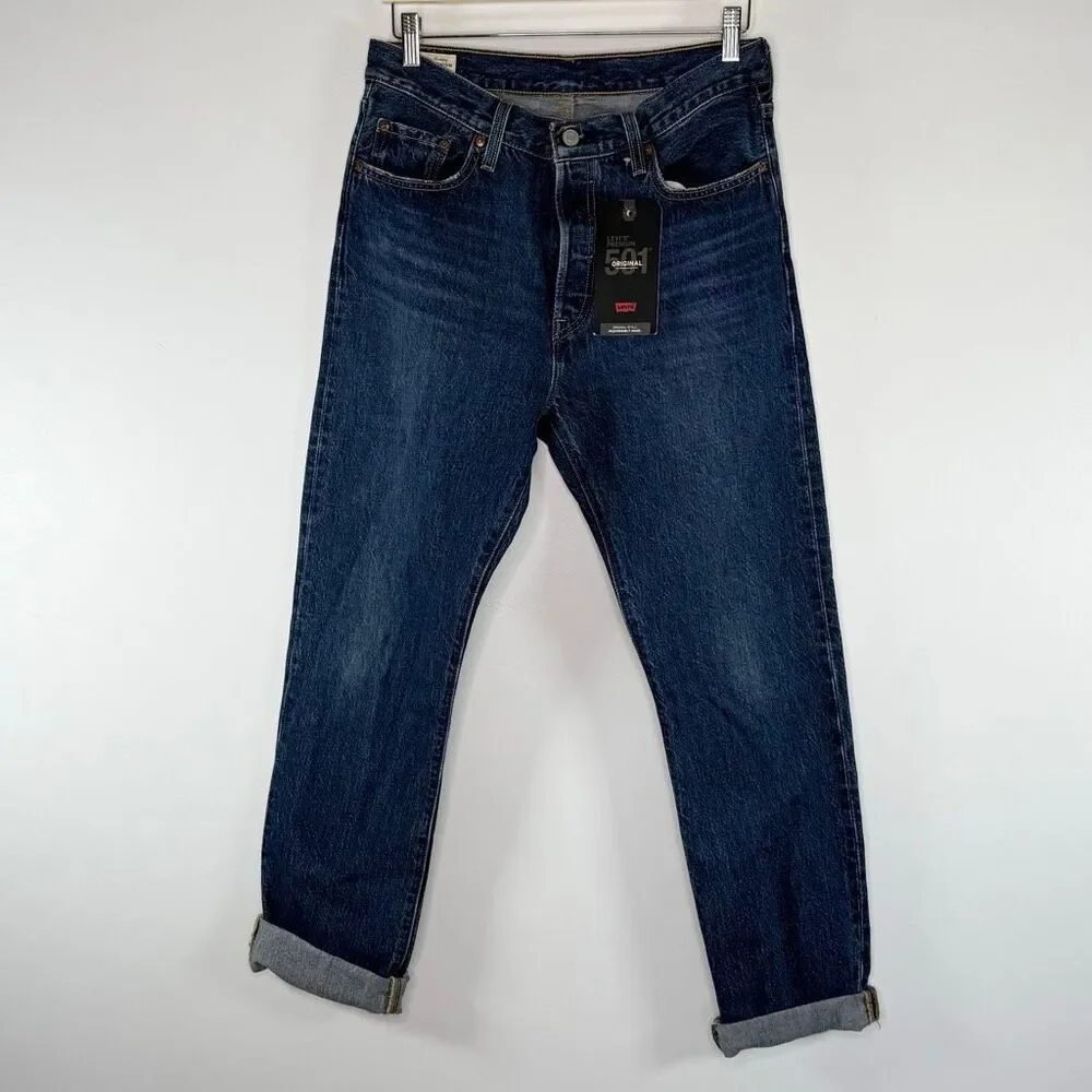 Levi’s Premium Denim 501 Rolled Hem Straight Jeans 29x32 Medium Dark Wash Button